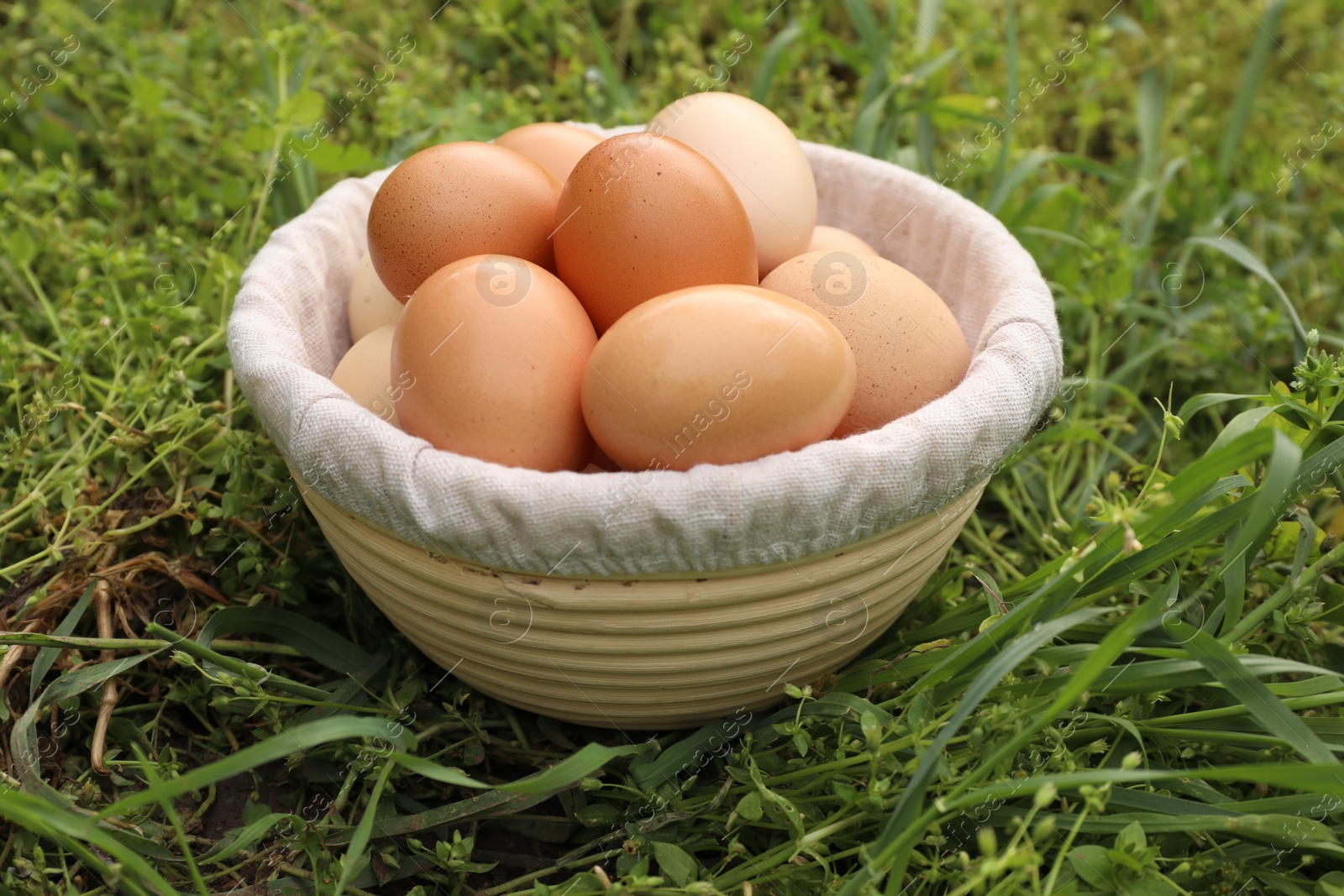 Photo of Fresh chicken eggs in basket on green grass outdoors