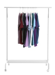 Wardrobe rack with men clothes on white background