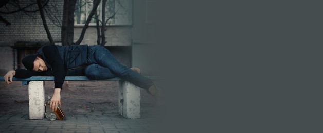 Suffering from hangover. Drunk man with alcoholic drink on bench outdoors, space for text. Banner design