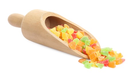 Photo of Mix of delicious candied fruits in scoop on white background