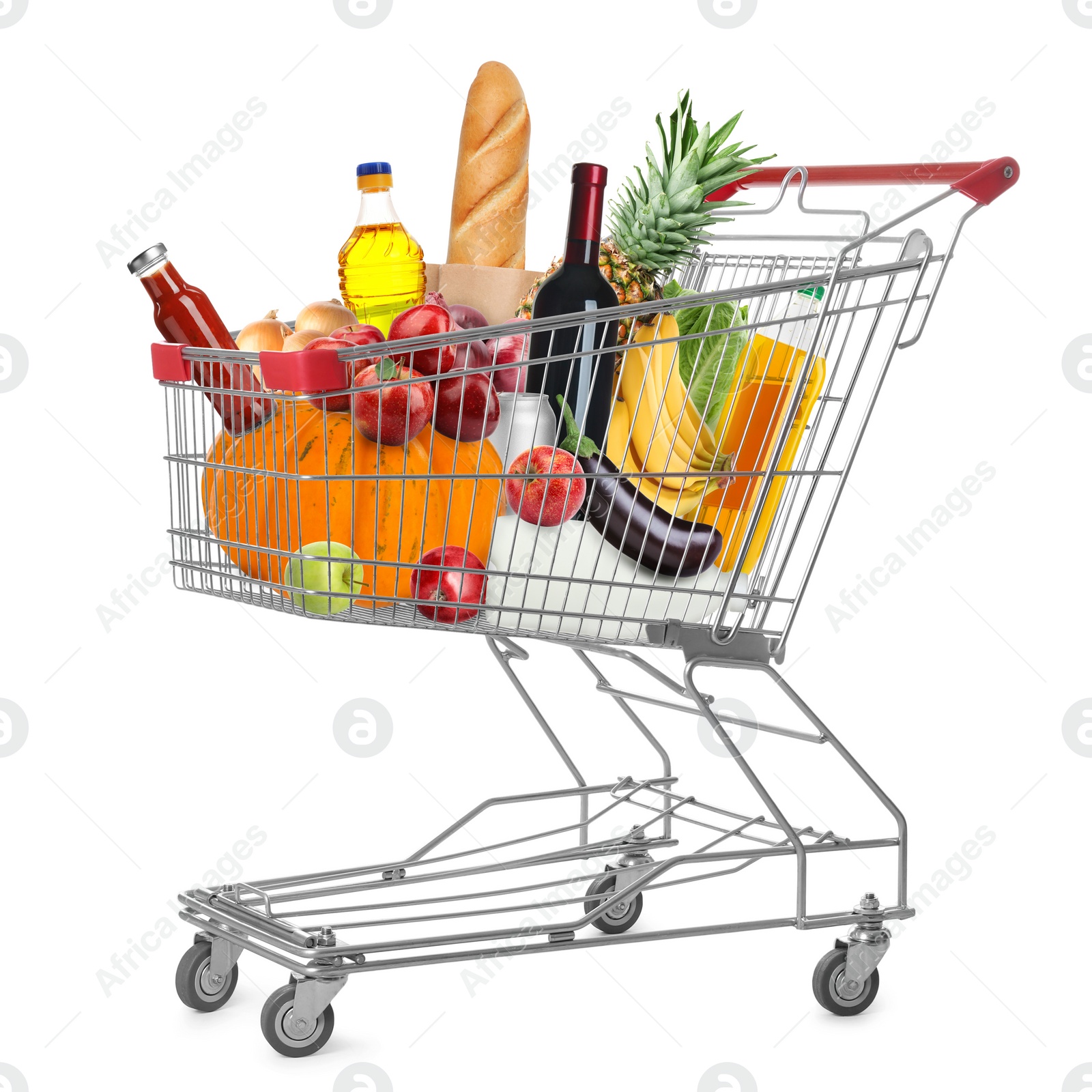 Image of Shopping cart with groceries on white background