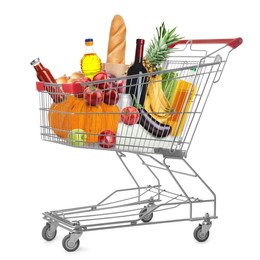 Image of Shopping cart with groceries on white background
