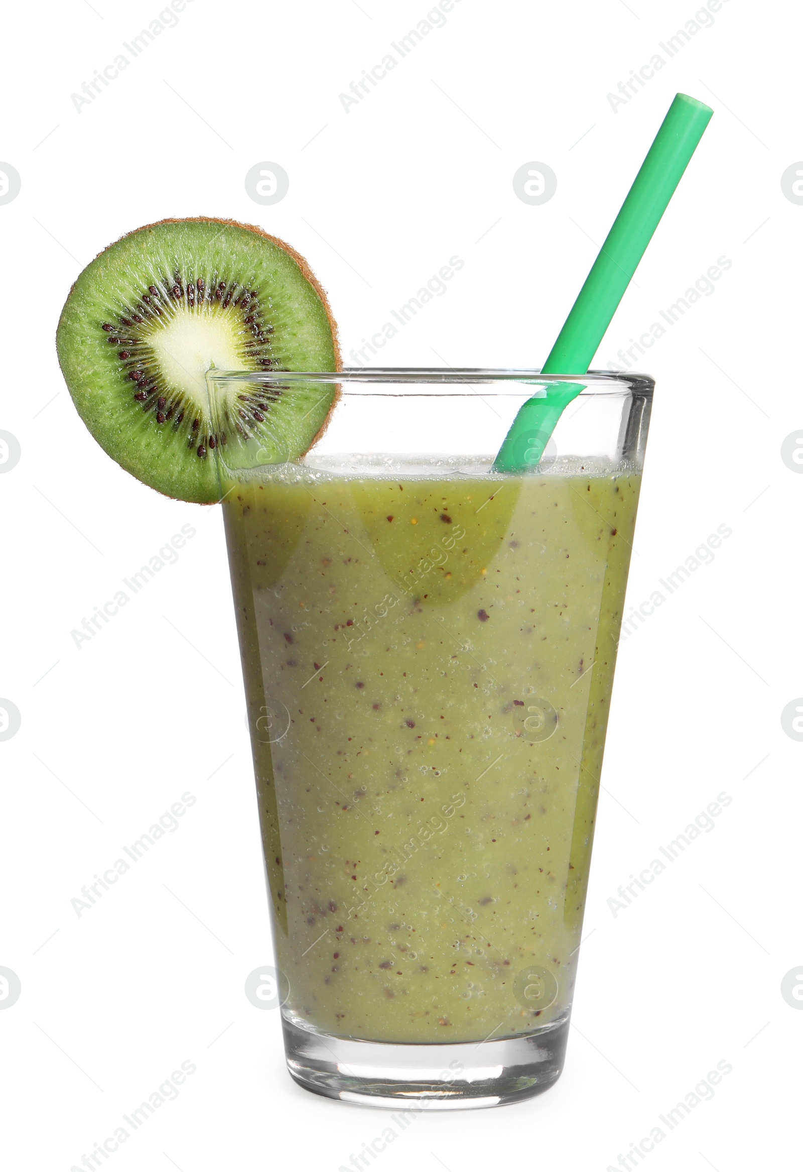 Photo of Delicious kiwi smoothie in glass isolated on white