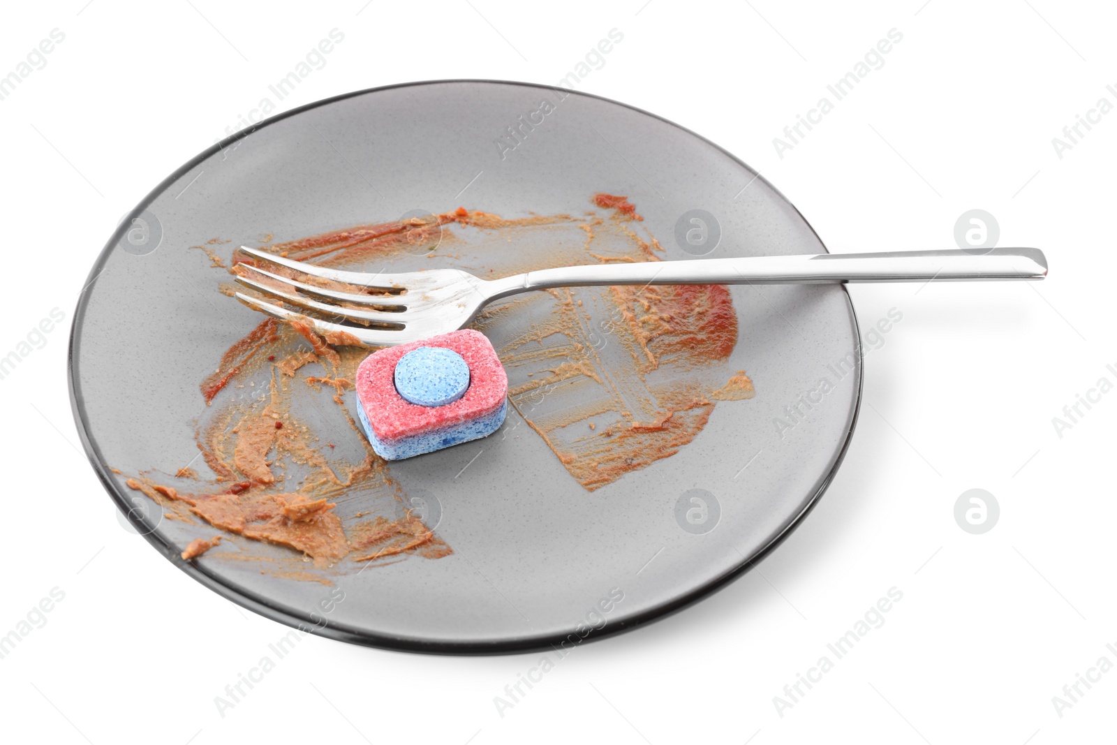 Photo of Dirty plate with dishwasher detergent tablet isolated on white