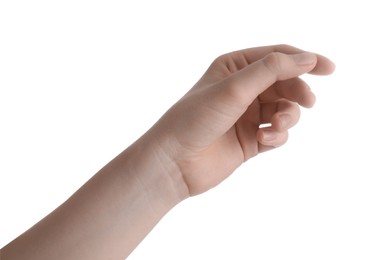 Photo of Woman against white background, closeup of hand