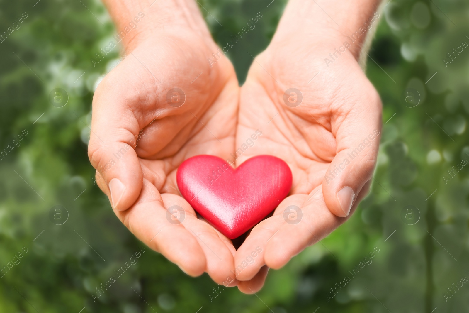 Photo of Young man holding red heart on blurred green background, closeup. Donation concept