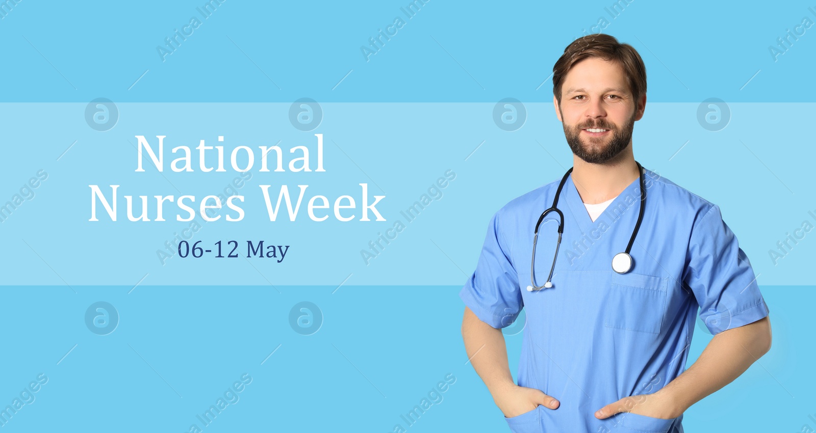 Image of National Nurses Week, May 06-12. Nurse with stethoscope on light blue background, banner design