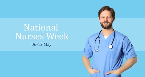 Image of National Nurses Week, May 06-12. Nurse with stethoscope on light blue background, banner design