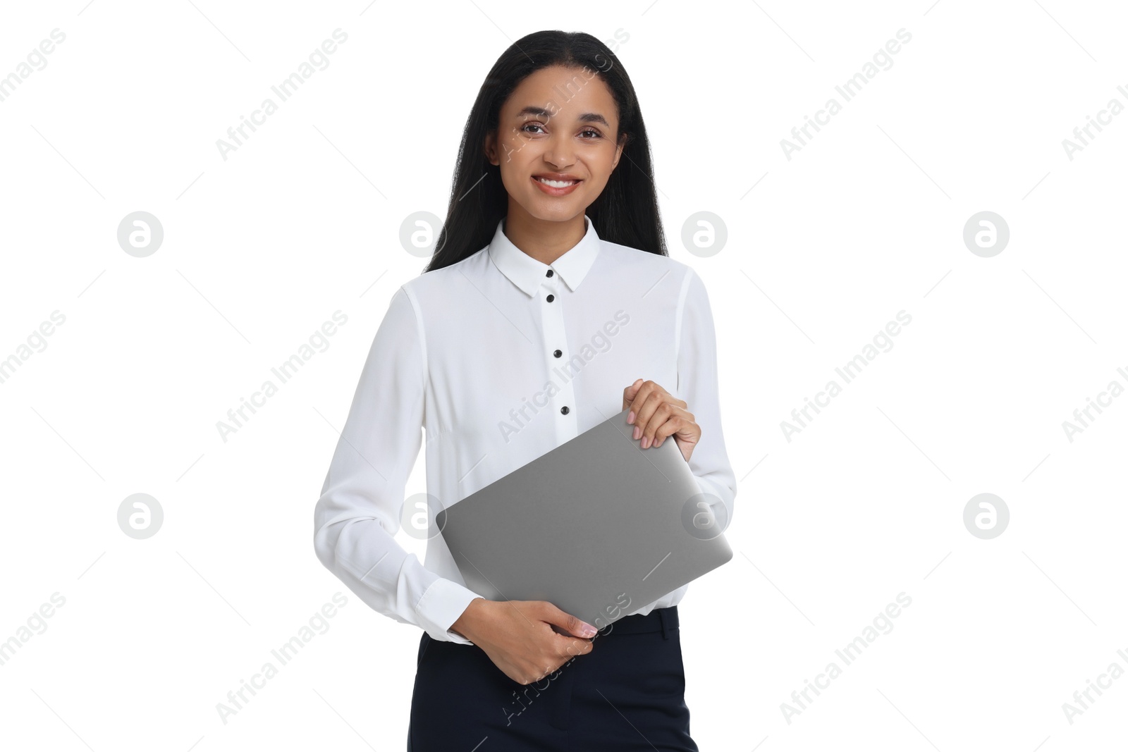 Photo of Beautiful secretary with laptop on white background