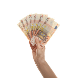 Woman with money on white background, closeup