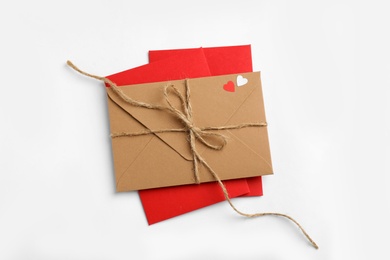 Photo of Envelopes on white background, top view. Love letters