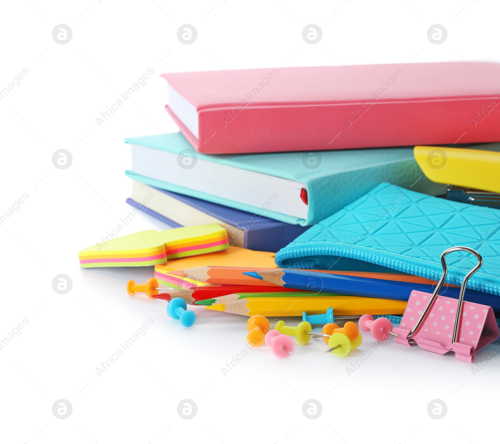 Photo of Different colorful stationery on white background. Back to school