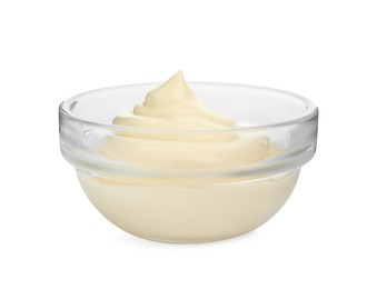 Photo of Fresh mayonnaise sauce in glass bowl isolated on white