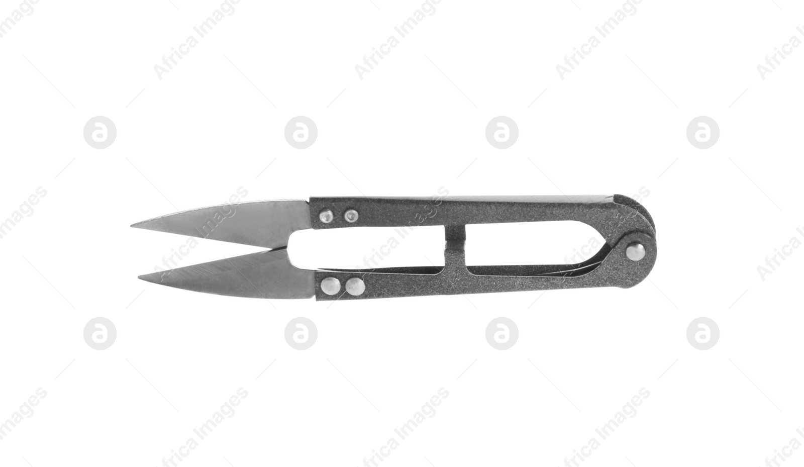 Photo of Pair of sewing scissors on white background