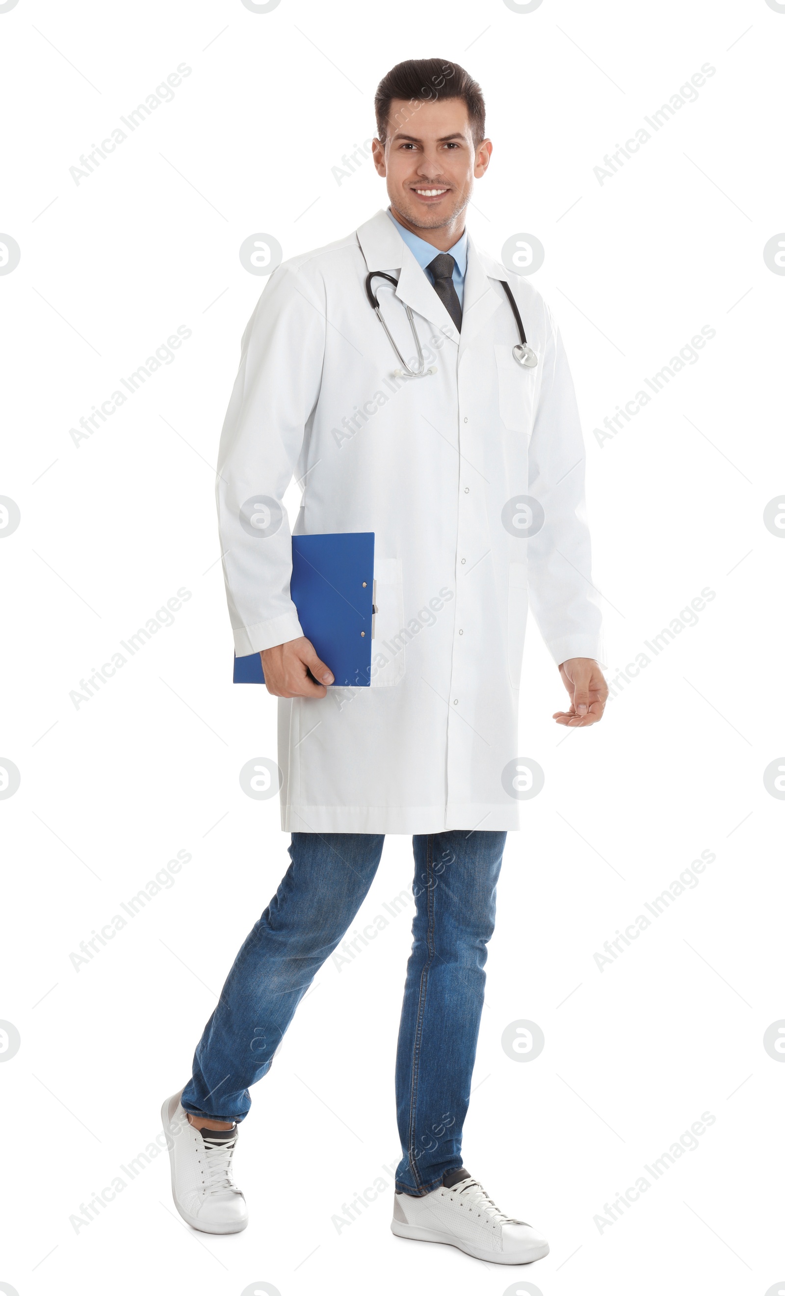 Photo of Doctor with clipboard walking on white background