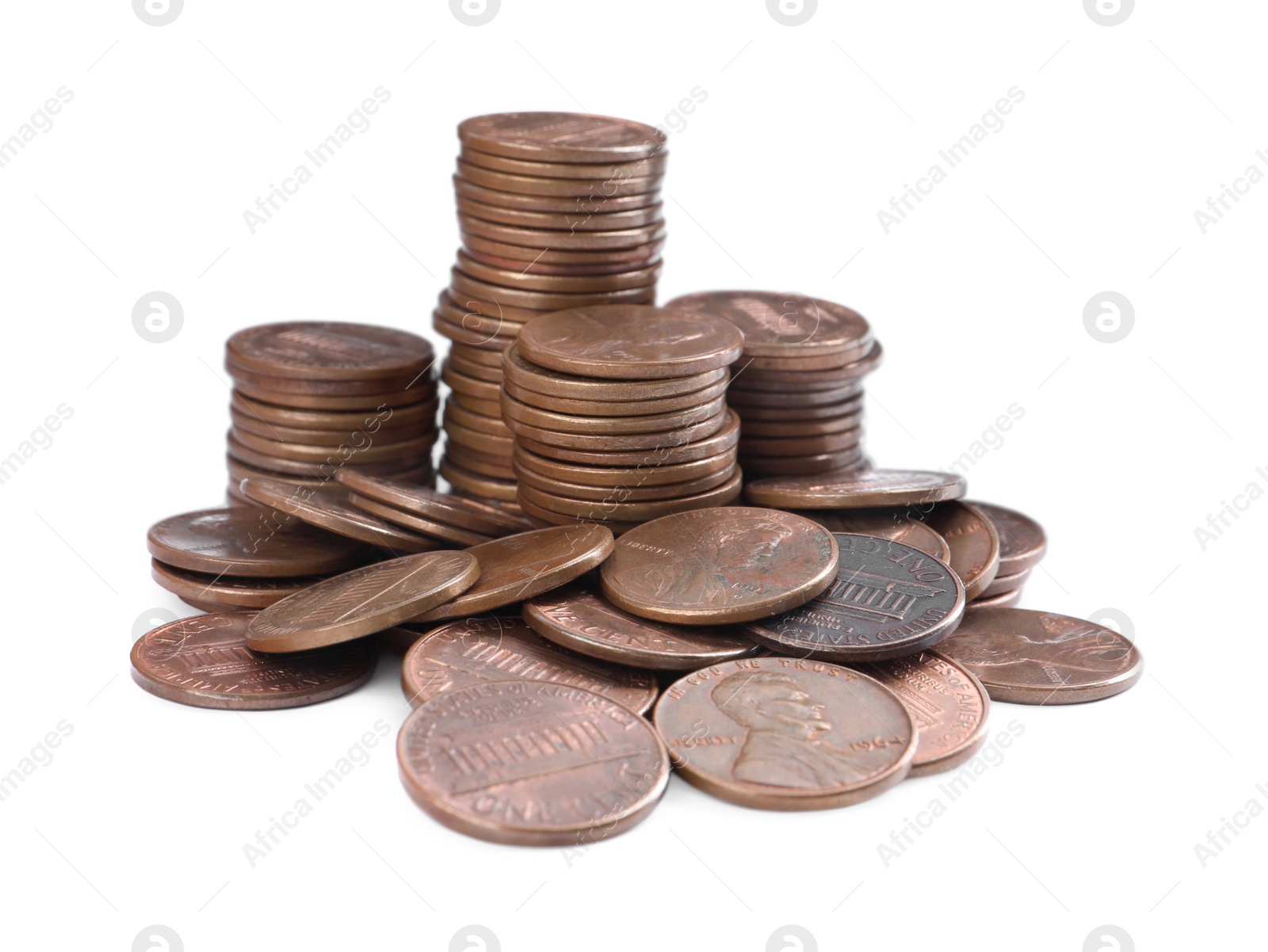 Photo of Pile of American coins on white background