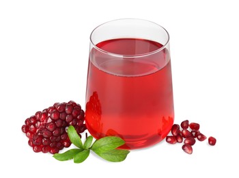 Photo of Refreshing pomegranate juice in glass, leaves and seeds isolated on white