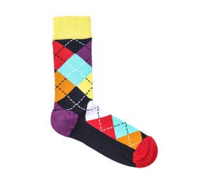 Photo of Colorful sock on white background, top view