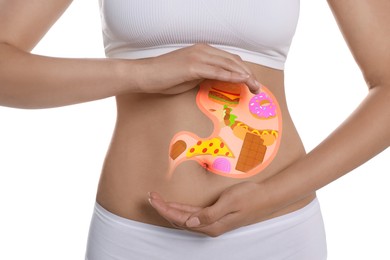 Image of Woman with image of stomach full of junk food drawn on her belly against white background, closeup. Unhealthy eating habits