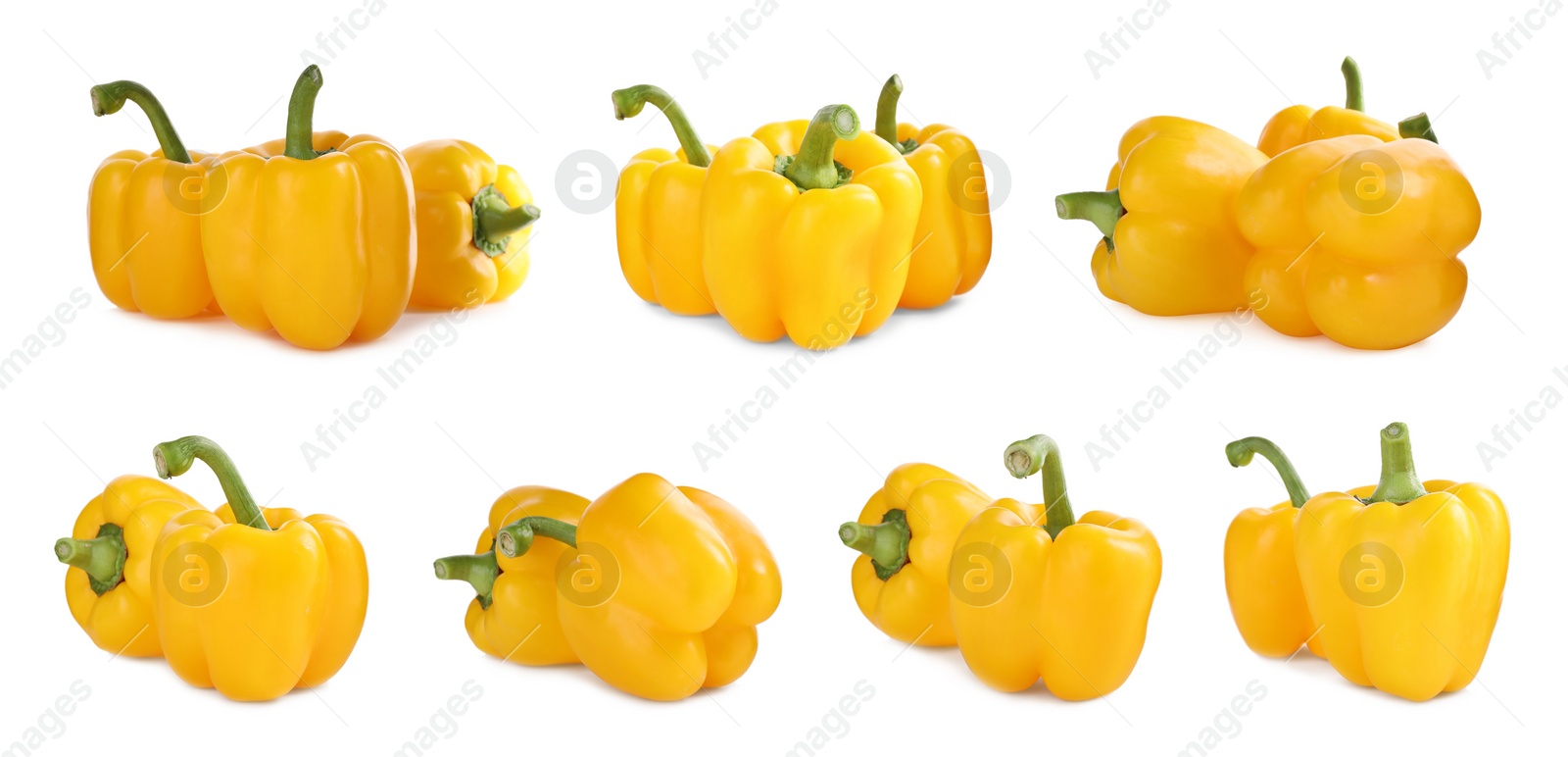 Image of Set of ripe yellow bell peppers on white background