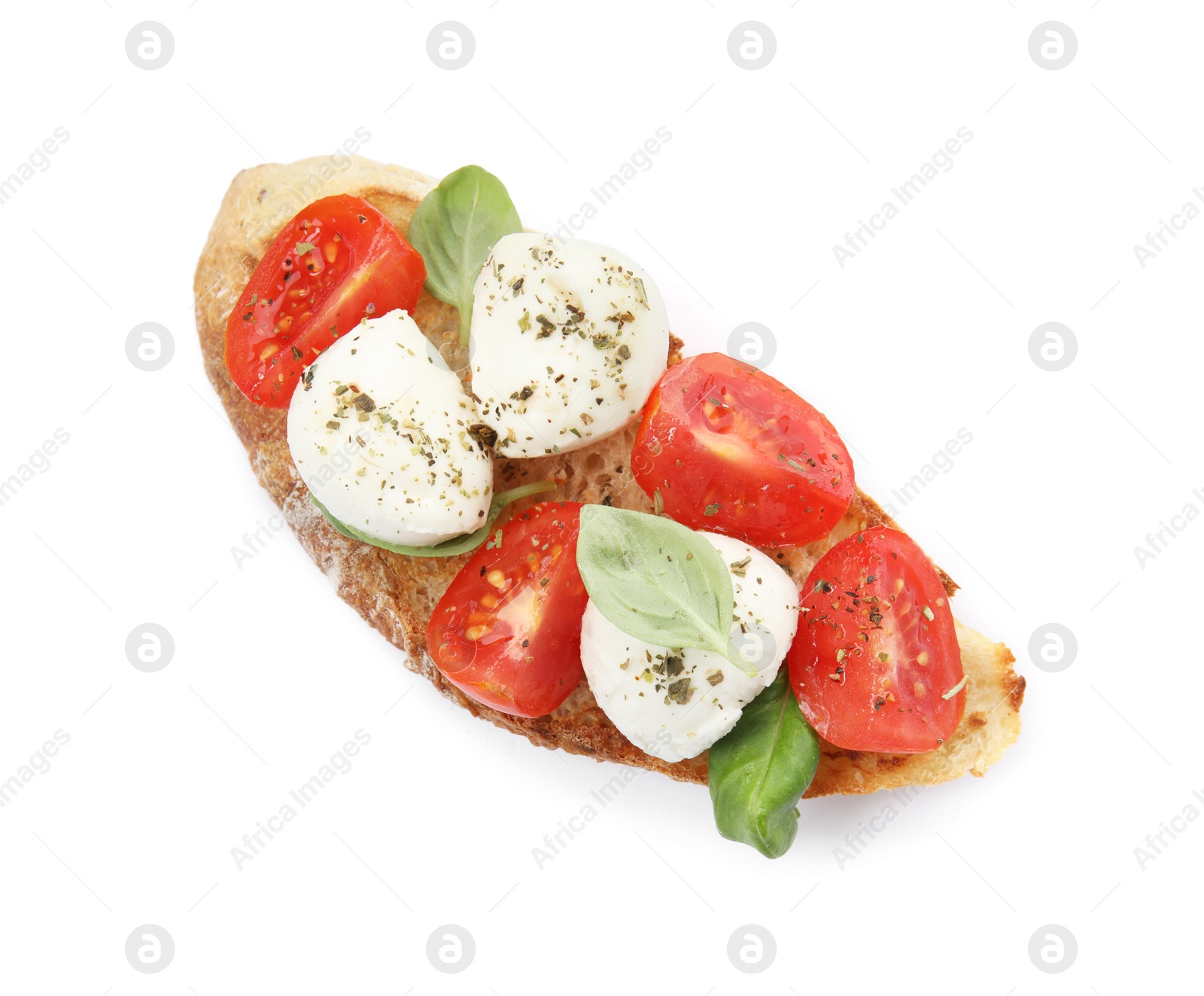 Photo of Delicious sandwich with mozzarella, fresh tomato and basil isolated on white, top view