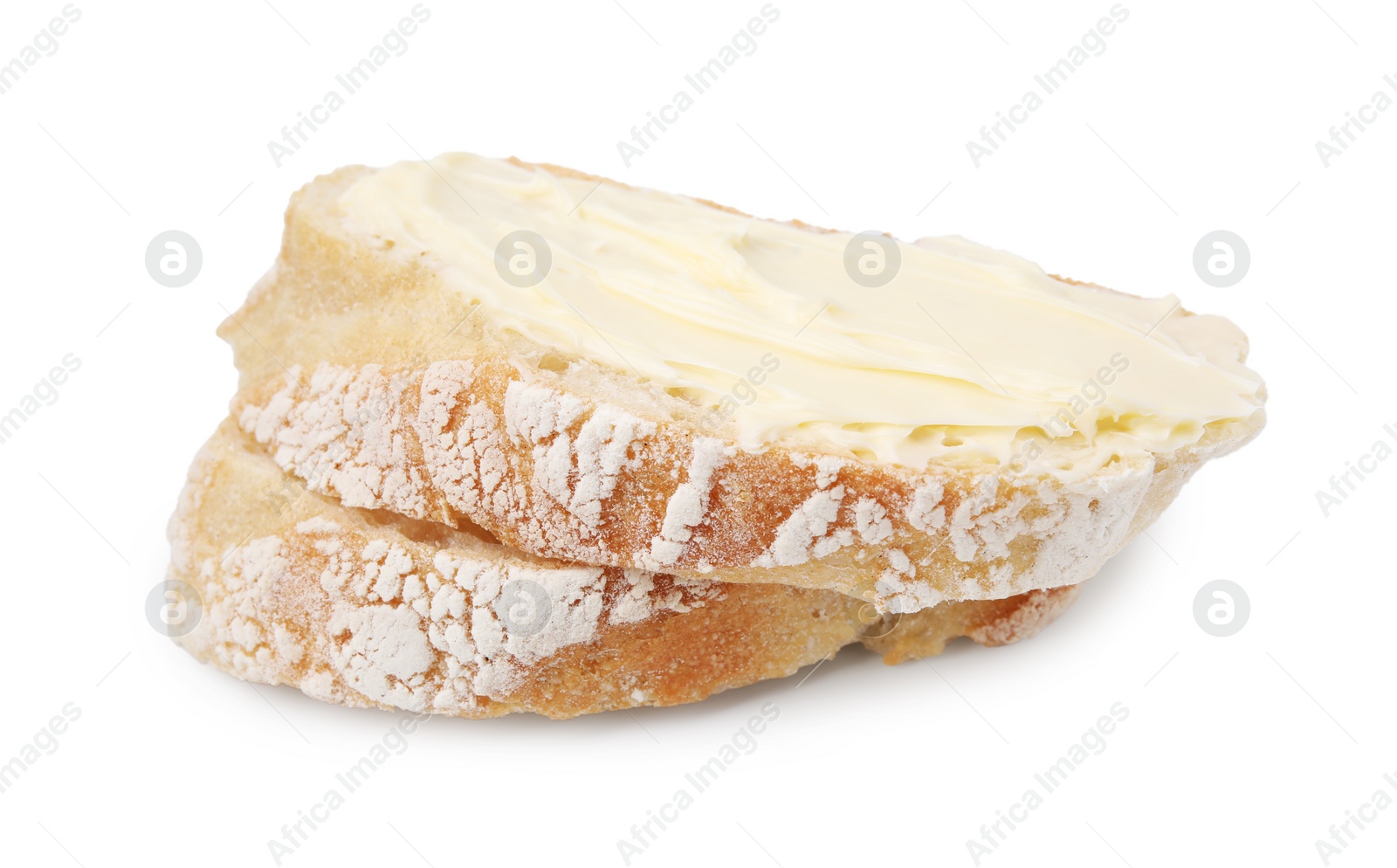 Photo of Slices of tasty bread with butter isolated on white