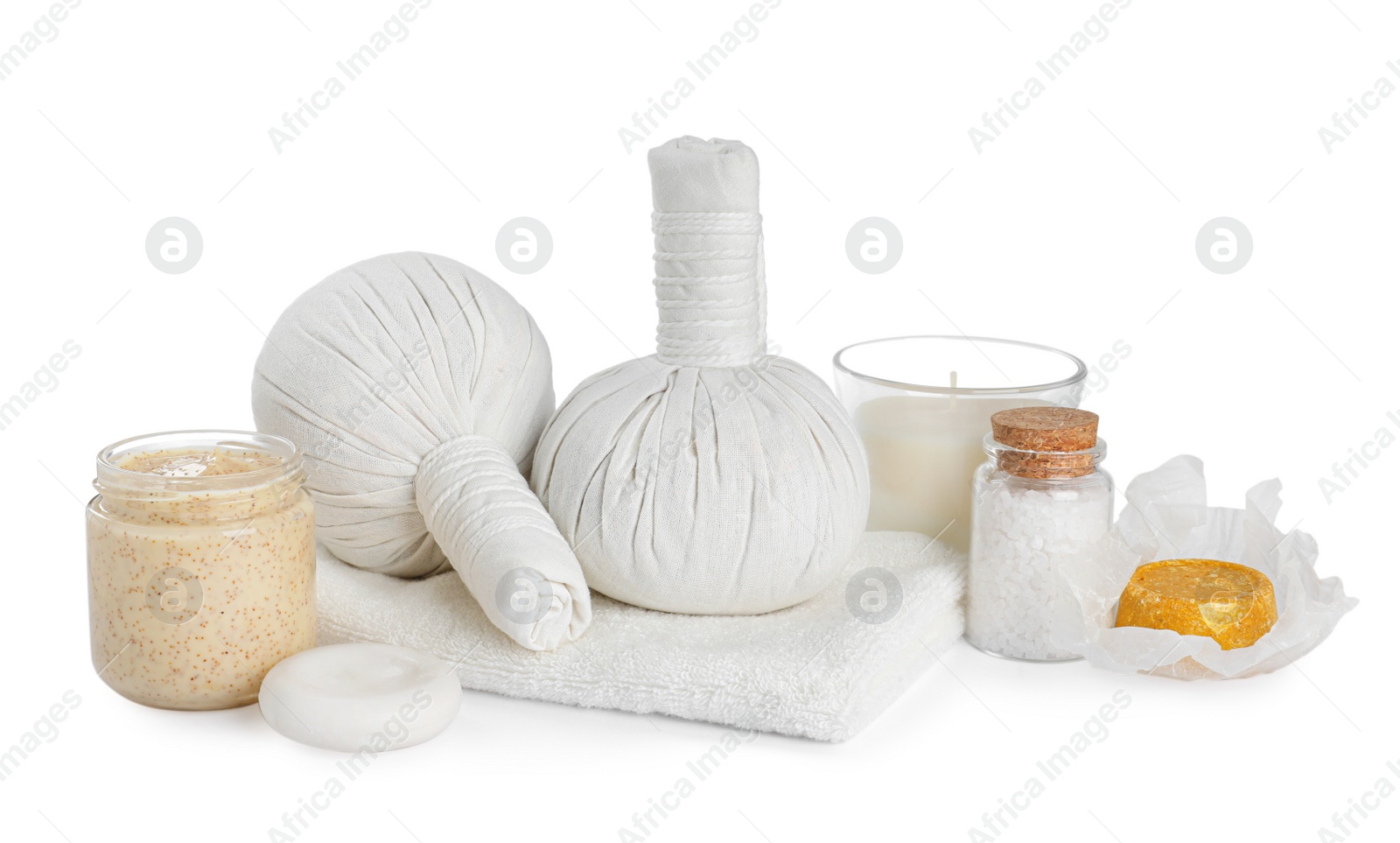 Photo of Beautiful spa composition with different body care products isolated on white