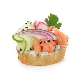 Tasty canape with salmon, cucumber, radish and cream cheese isolated on white