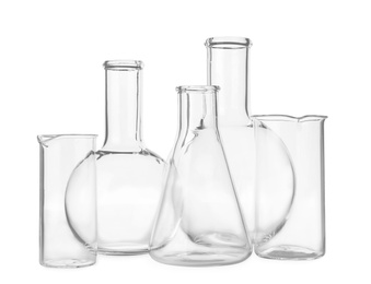Photo of Empty glassware for laboratory analysis isolated on white