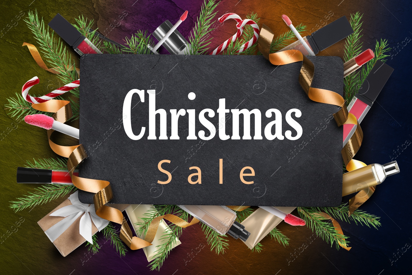 Image of Christmas sale ad with makeup products and decor