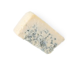 Piece of delicious blue cheese isolated on white, top view