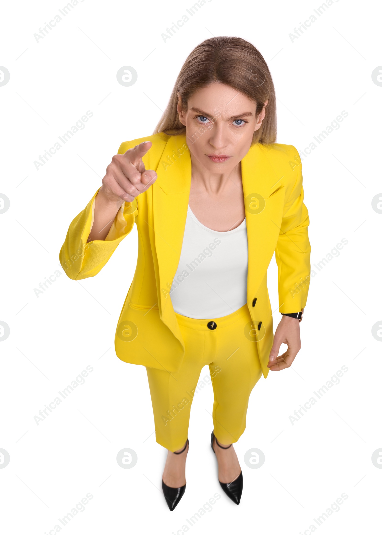 Photo of Beautiful businesswoman pointing on white background, above view