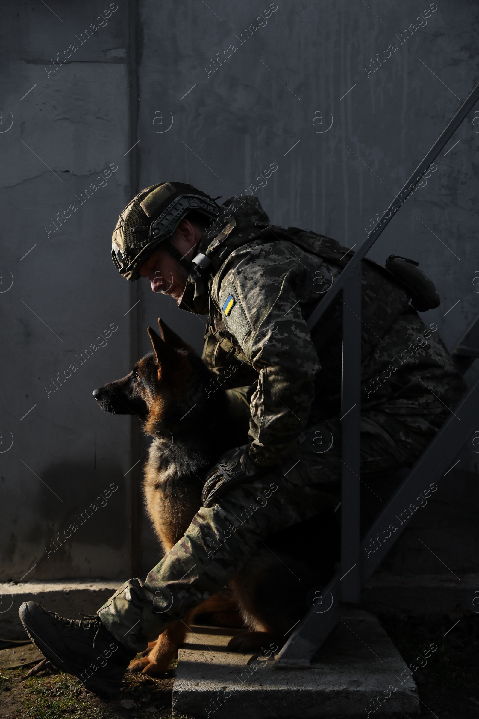 Photo of Ukrainian soldier with German shepherd dog sitting outdoors