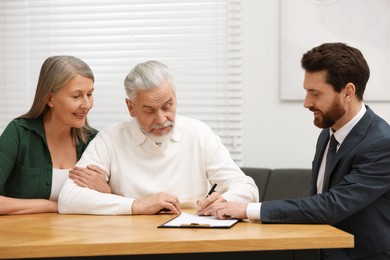 Notary showing senior couple where to sign Last Will and Testament in office