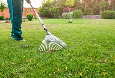 Photo of Woman raking green lawn at backyard. Home gardening