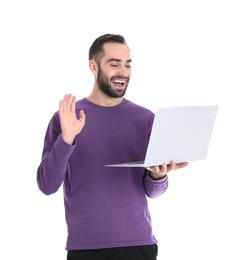 Man using laptop for video chat isolated on white