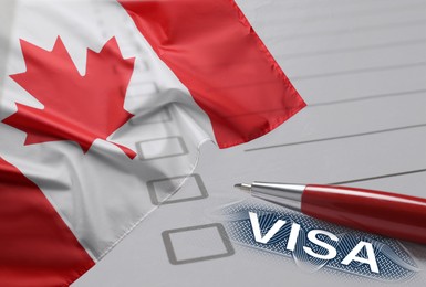 Visa to Canada. Multiple exposure with national flag and pen, closeup