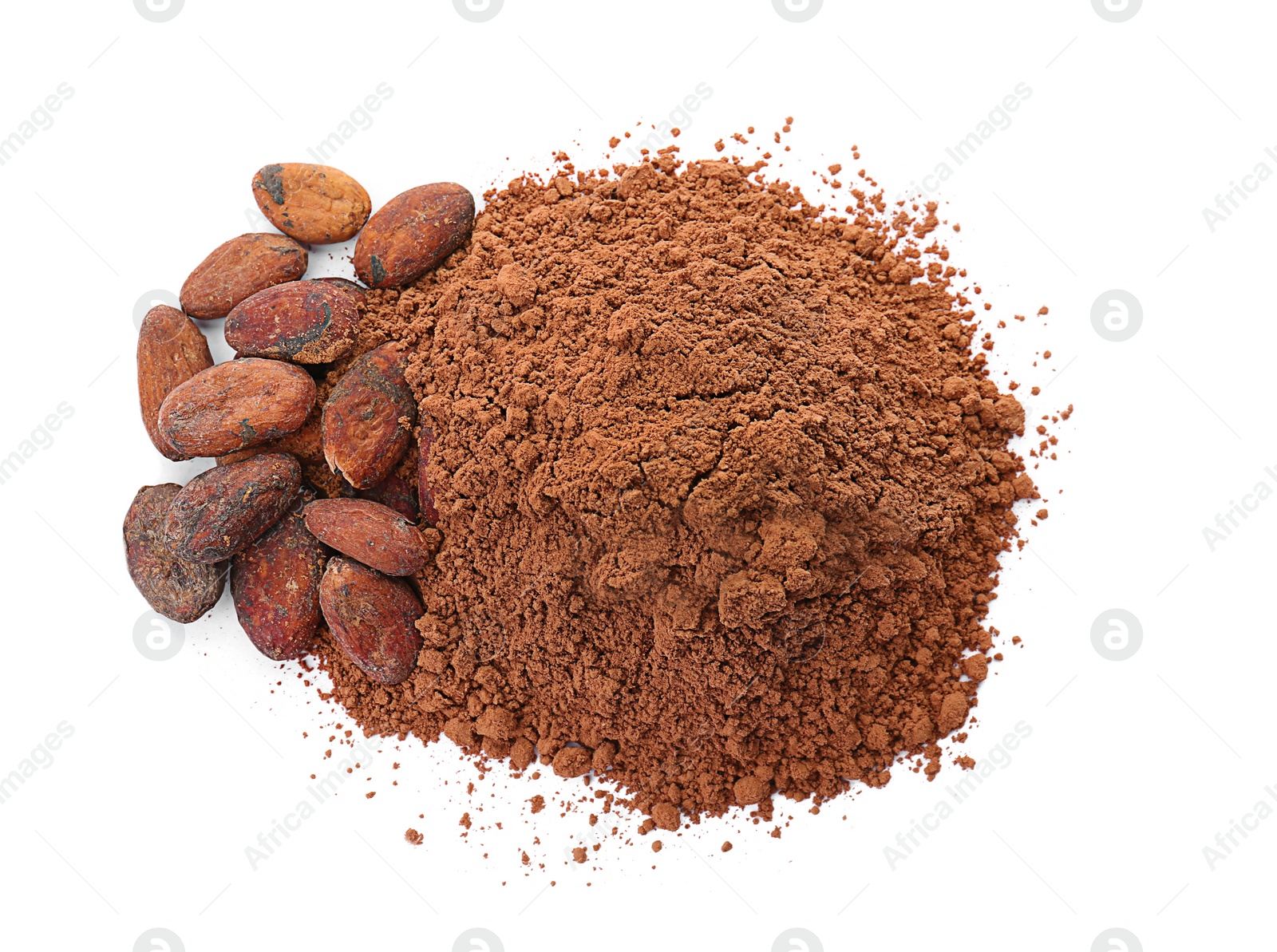 Photo of Cocoa powder and beans on white background