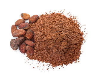 Cocoa powder and beans on white background