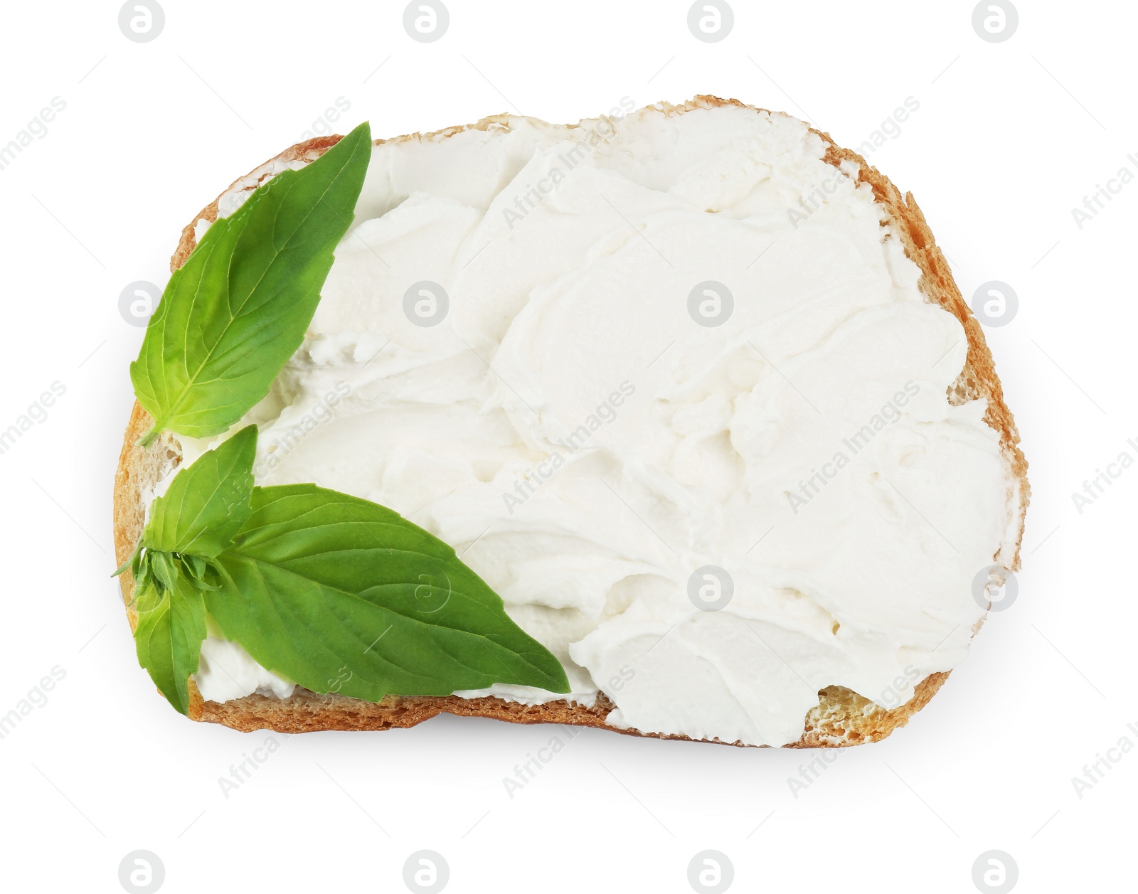 Photo of Bread with cream cheese and basil leaves isolated on white, top view