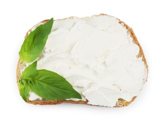 Bread with cream cheese and basil leaves isolated on white, top view