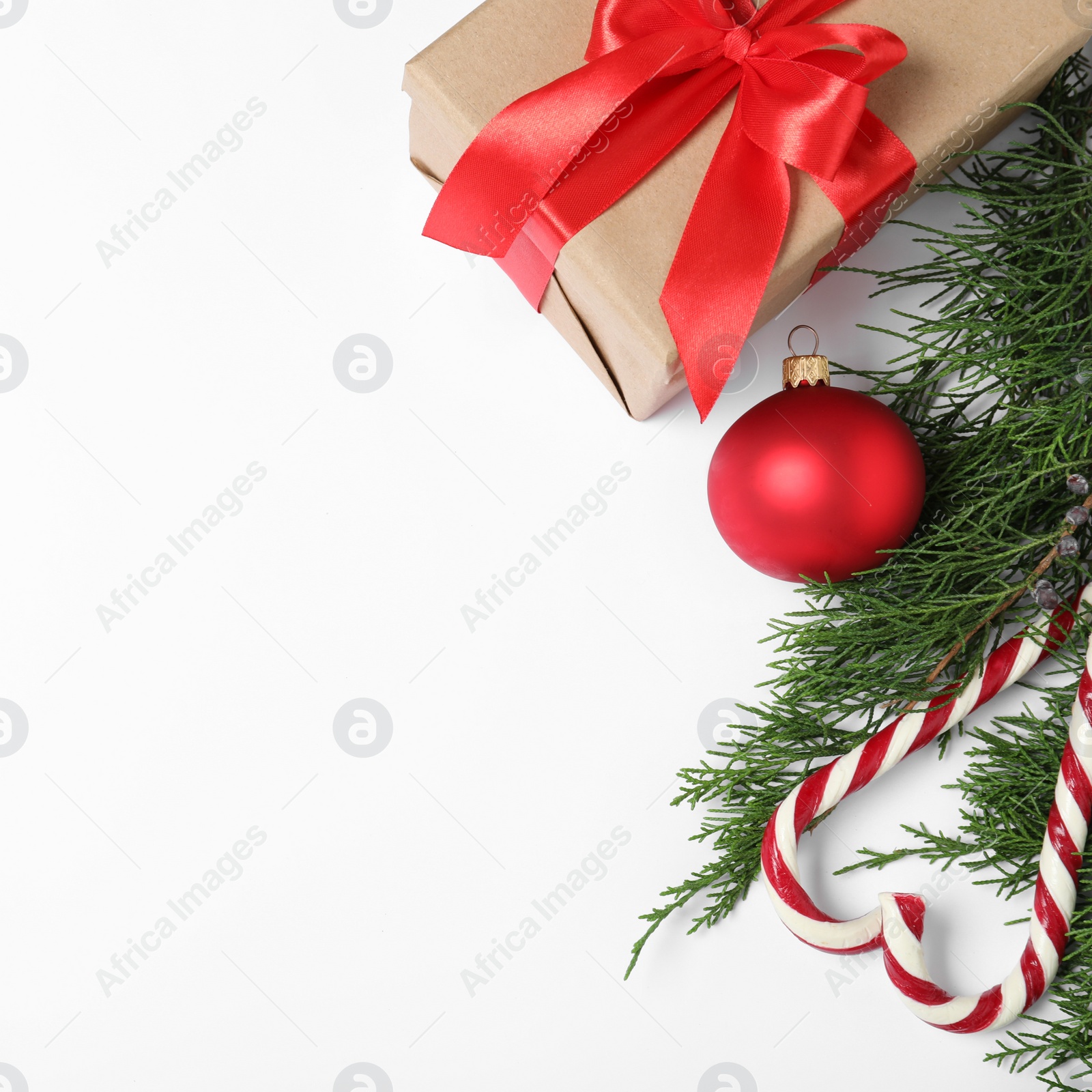 Photo of Composition with Christmas gift box on white background, top view