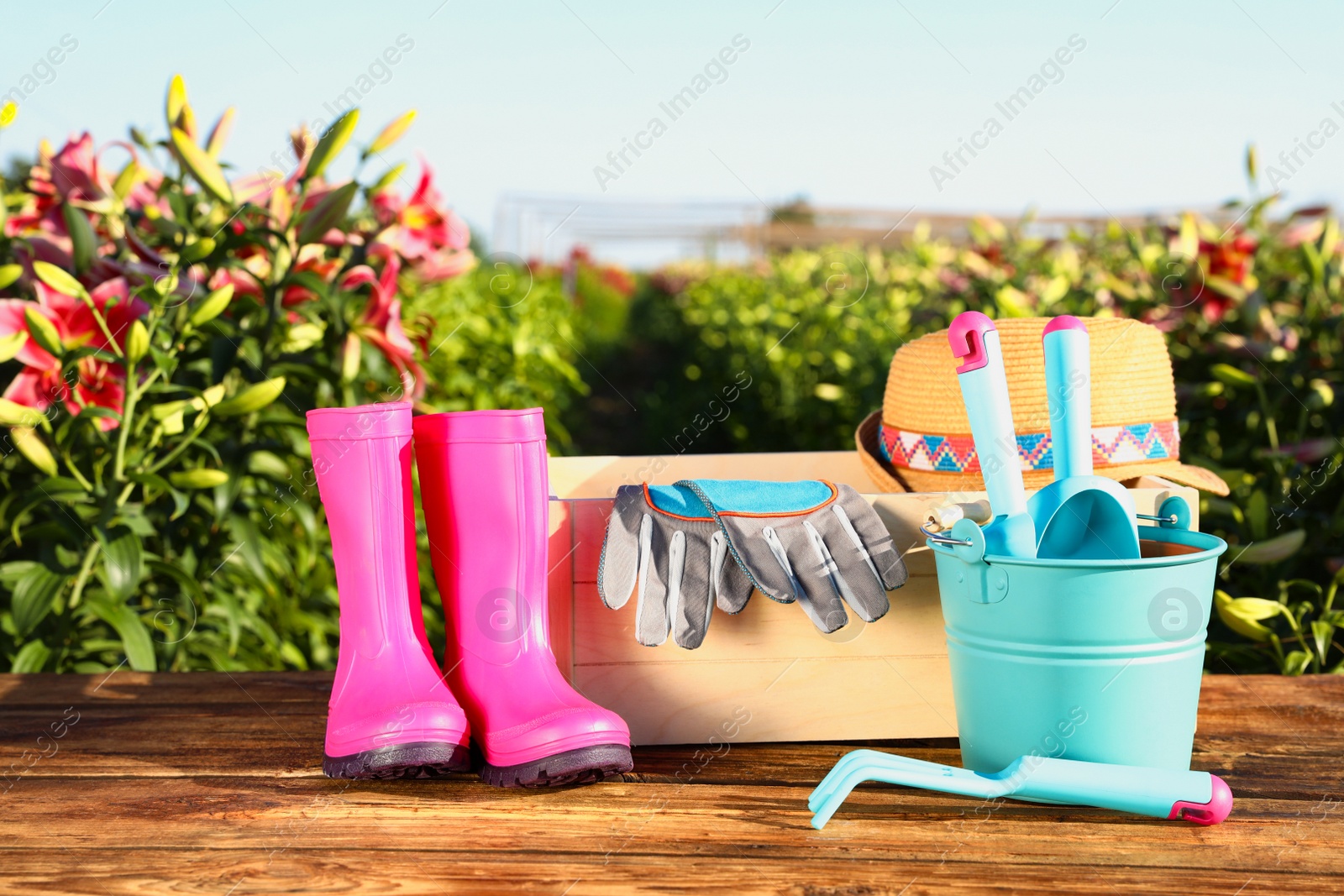 Photo of Rubber boots and gardening tools on wooden table at lily field