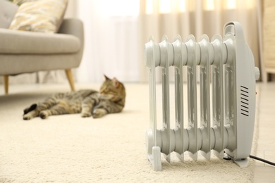 Photo of Electric heater and blurred tabby cat on background. Space for text