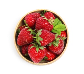 Fresh ripe strawberries in bowl isolated on white, top view