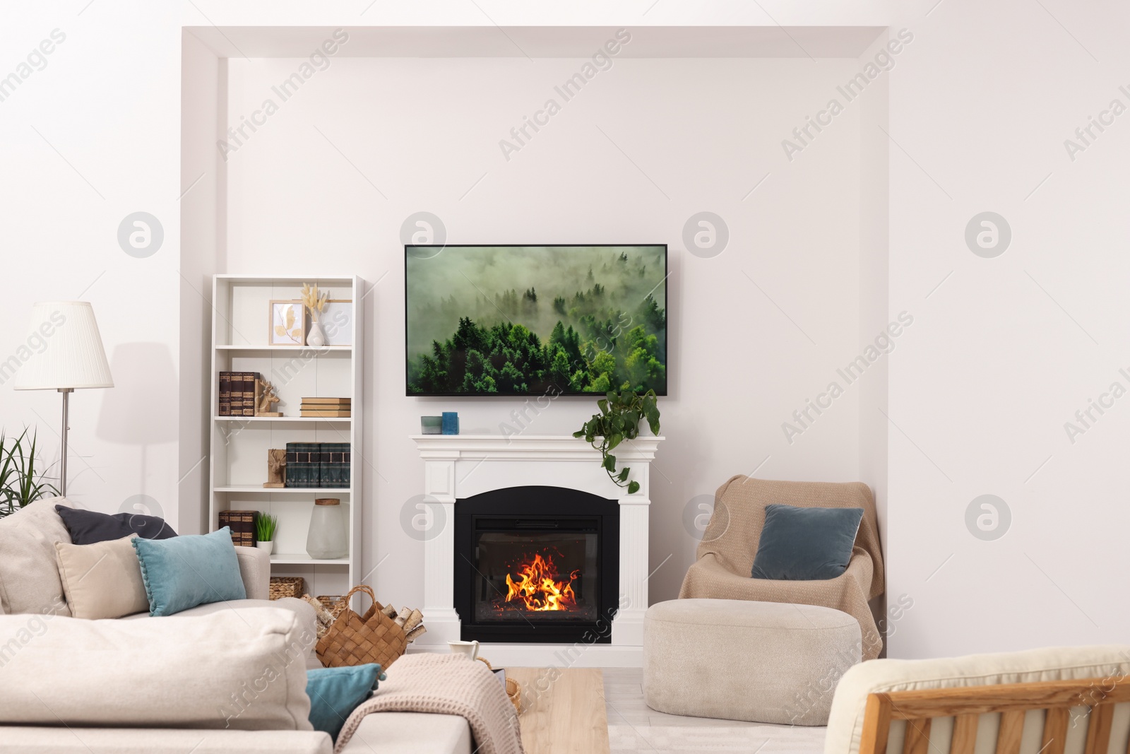 Photo of Stylish living room interior with cozy sofa, table, TV set and fireplace