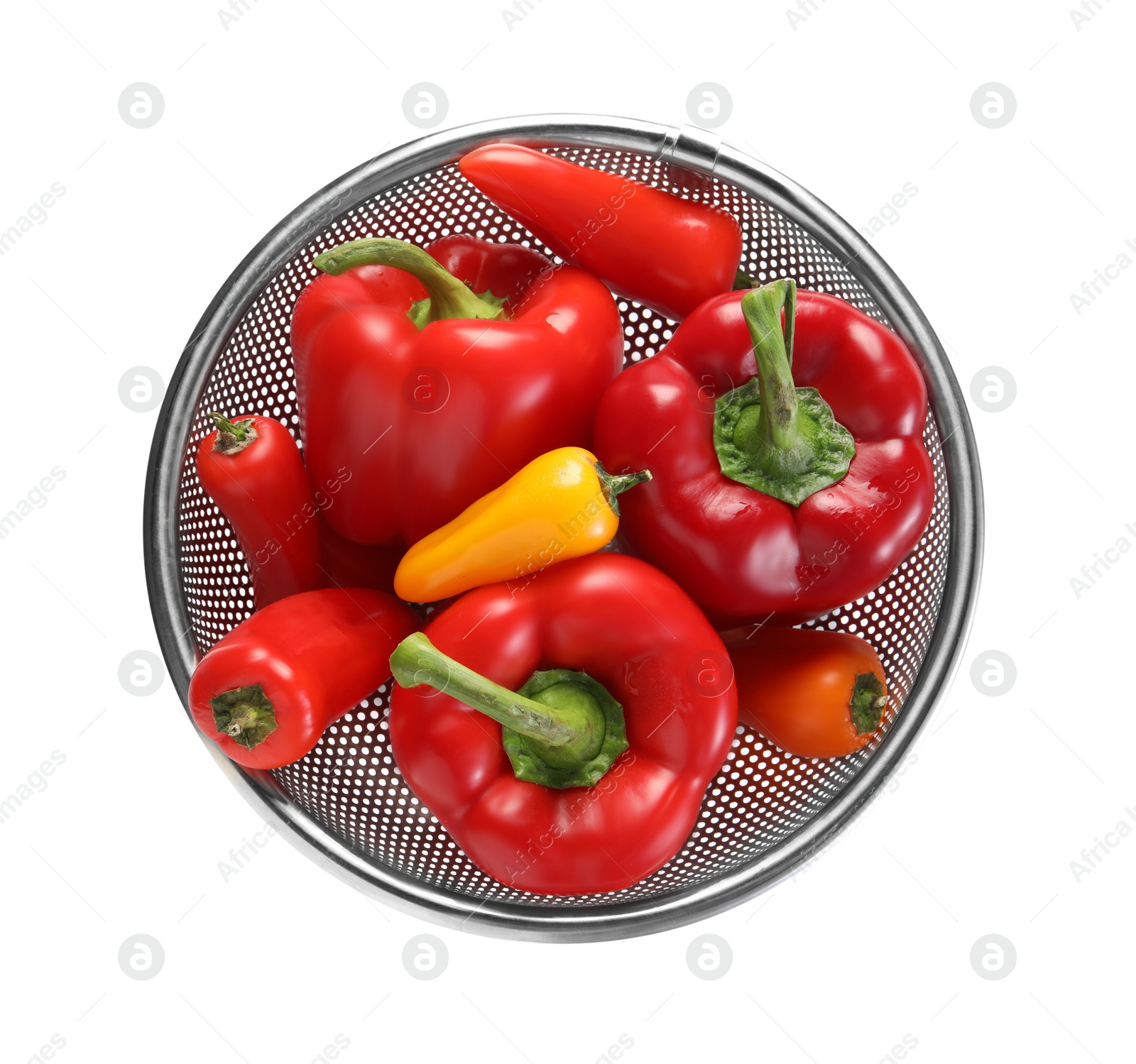 Photo of Colander with fresh bell peppers isolated on white, top view