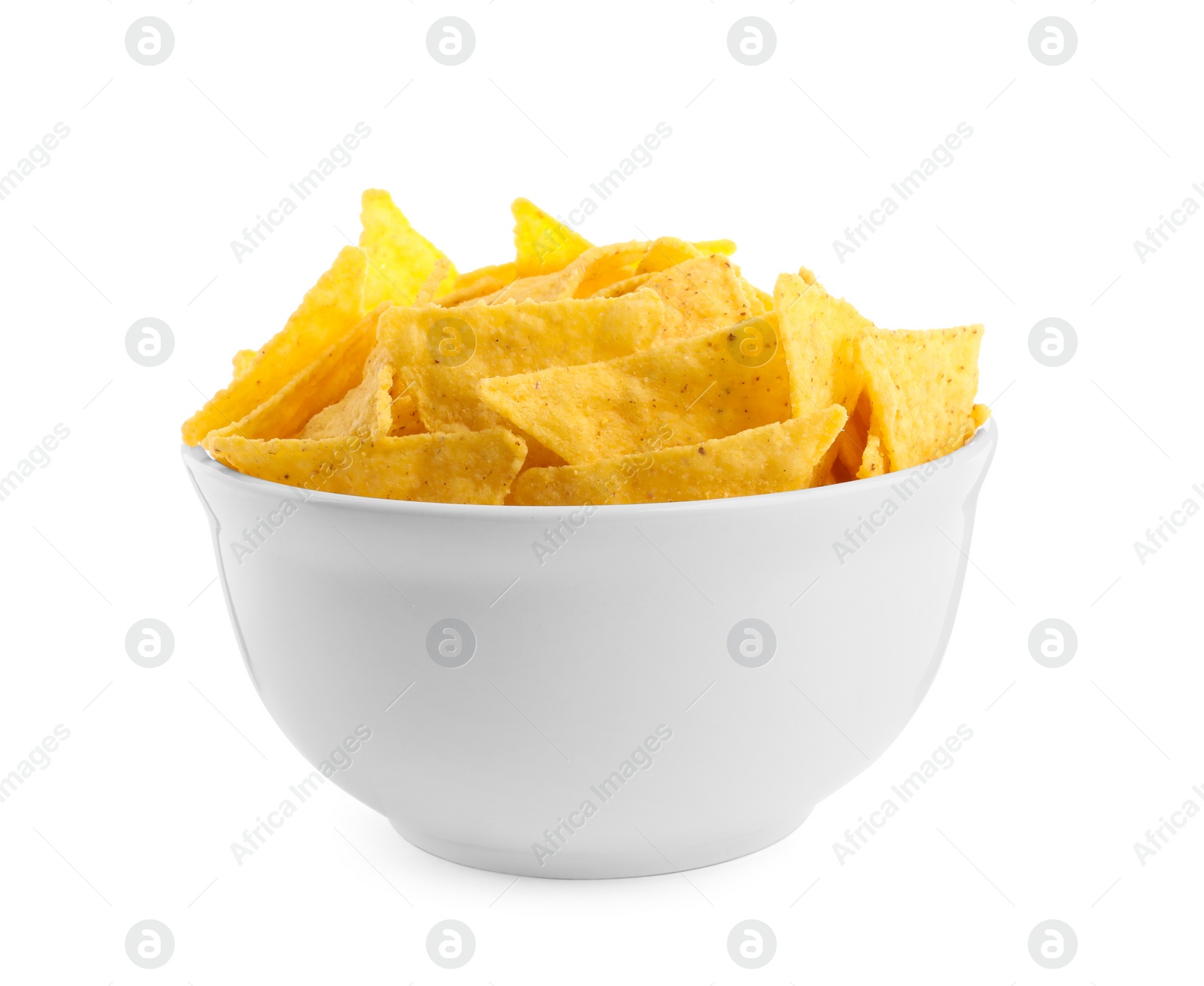 Photo of Bowl of tasty tortilla chips (nachos) on white background