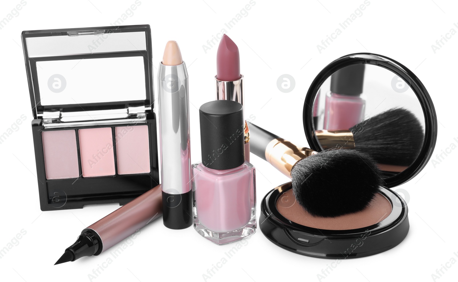 Photo of Different luxury cosmetic products on white background