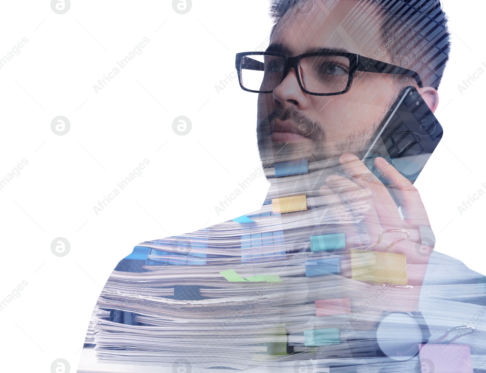 Image of Multiple exposure of young man talking on phone, documents and building